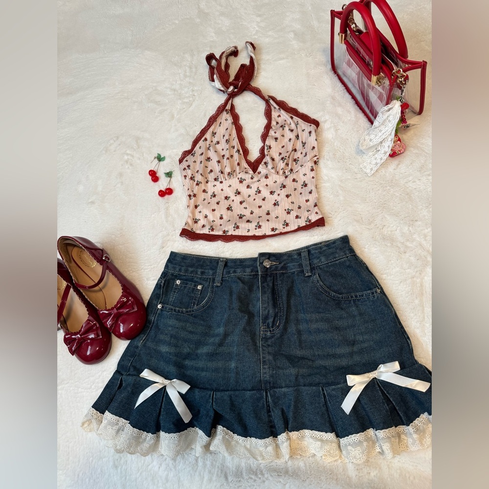 Floral Halter Top and Denim Lacey Skirt Set
